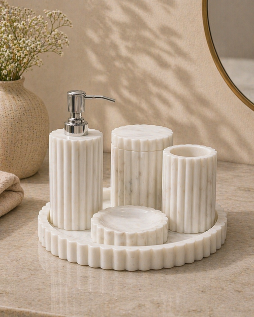 Fluted Marble Bathroom Set with Tray (6-Piece)