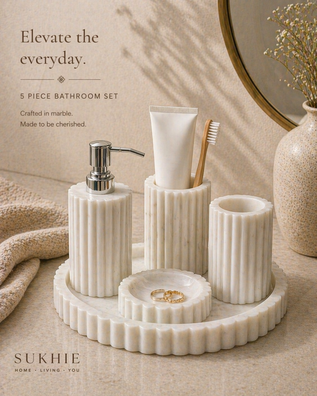 Fluted Marble Bathroom Set with Tray (6-Piece)